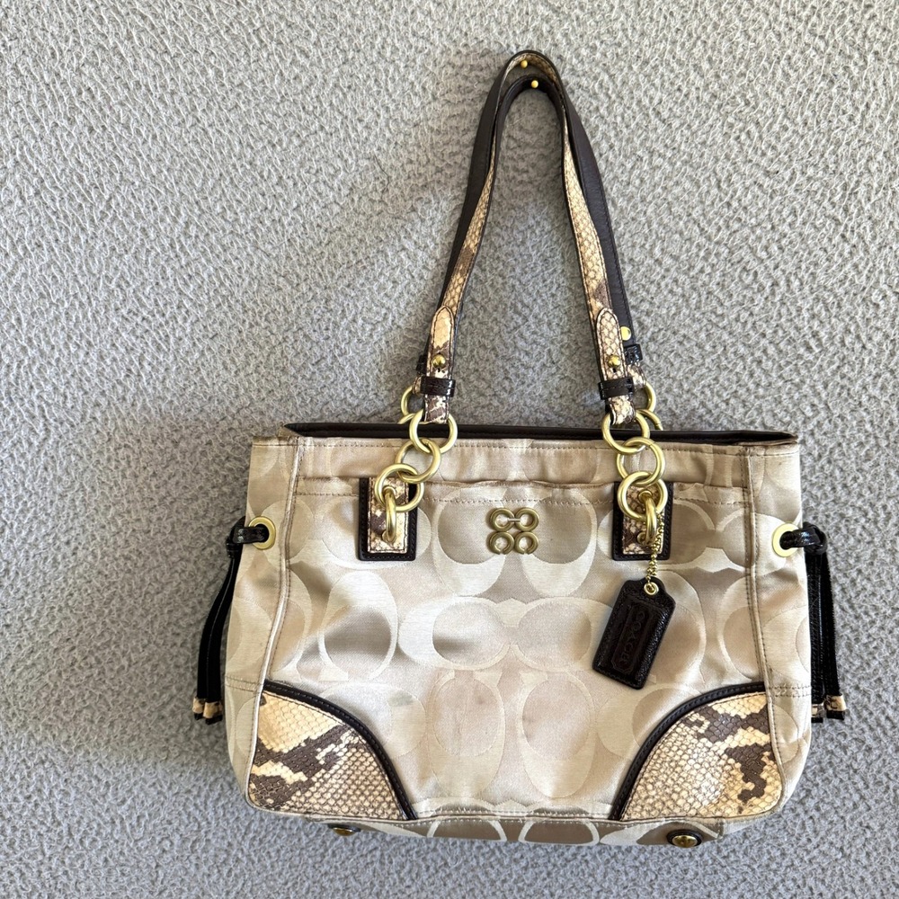 Coach Maggie Signature Jacquard Snakeskin Trim Shoulder Bag Beige Brown Gold